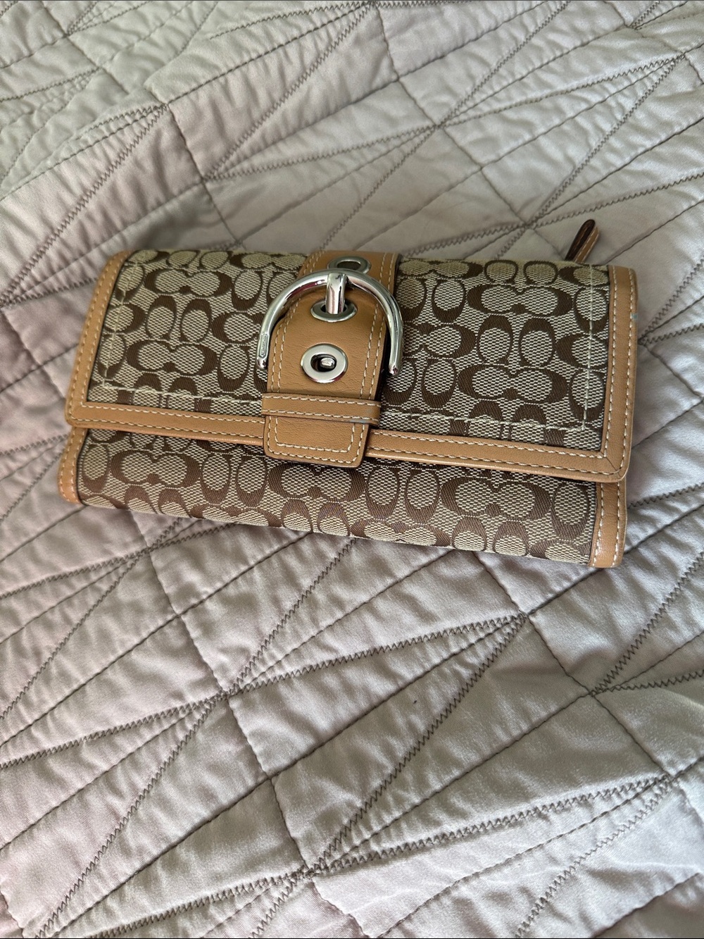 Coach Signature Canvas Wallet in Brown and Tan with Buckle Accent